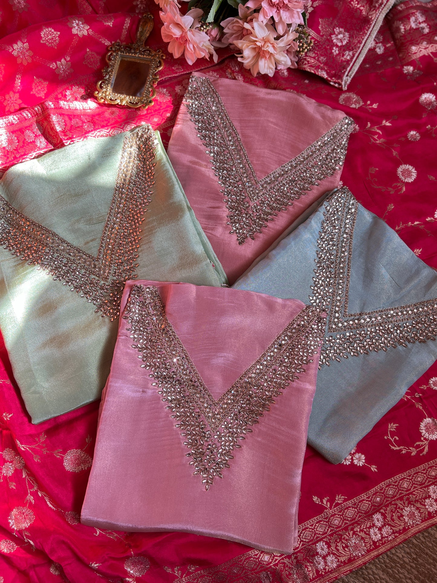 Elegant Pastel V-Neck Suit with Intricate Mirror Embellishment