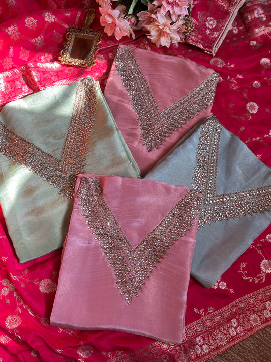 3. Elegant Pastel V-Neck Suit with Intricate Mirror Embellishment