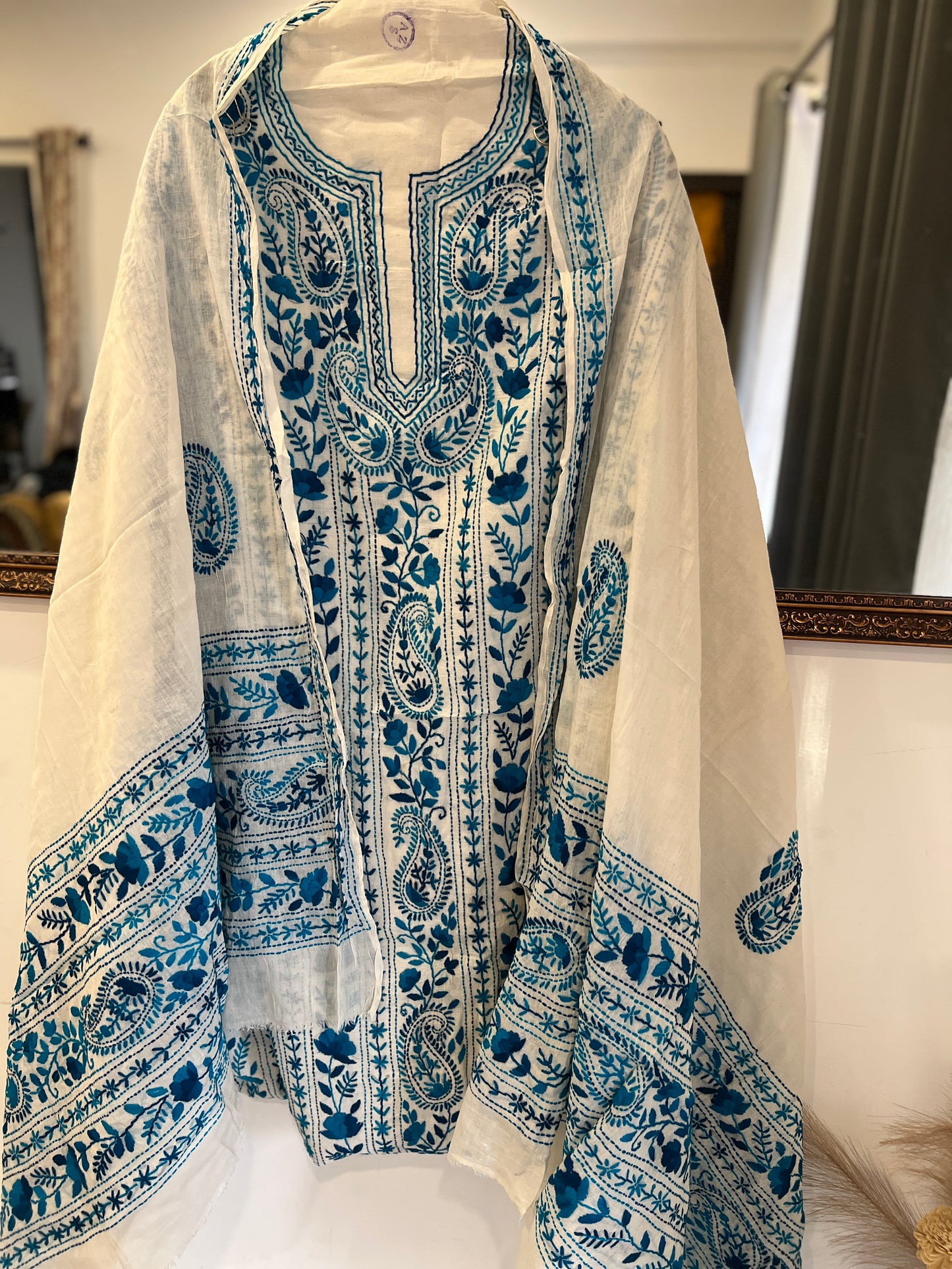 Ivory & Teal Blue Hand Embroidered Cotton Suit Set