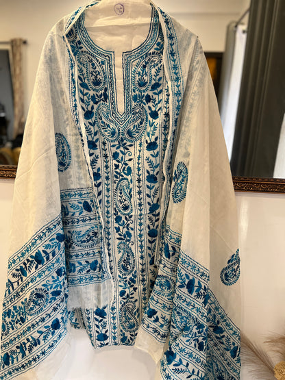 Ivory & Teal Blue Hand Embroidered Cotton Suit Set