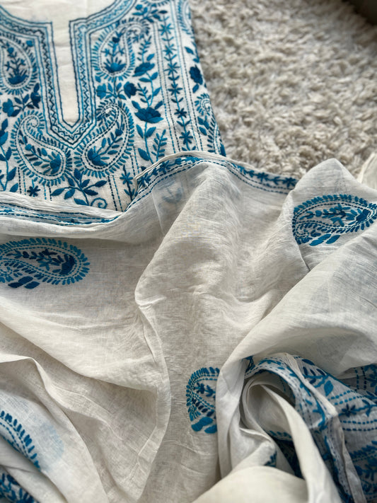 Ivory & Teal Blue Hand Embroidered Cotton Suit Set