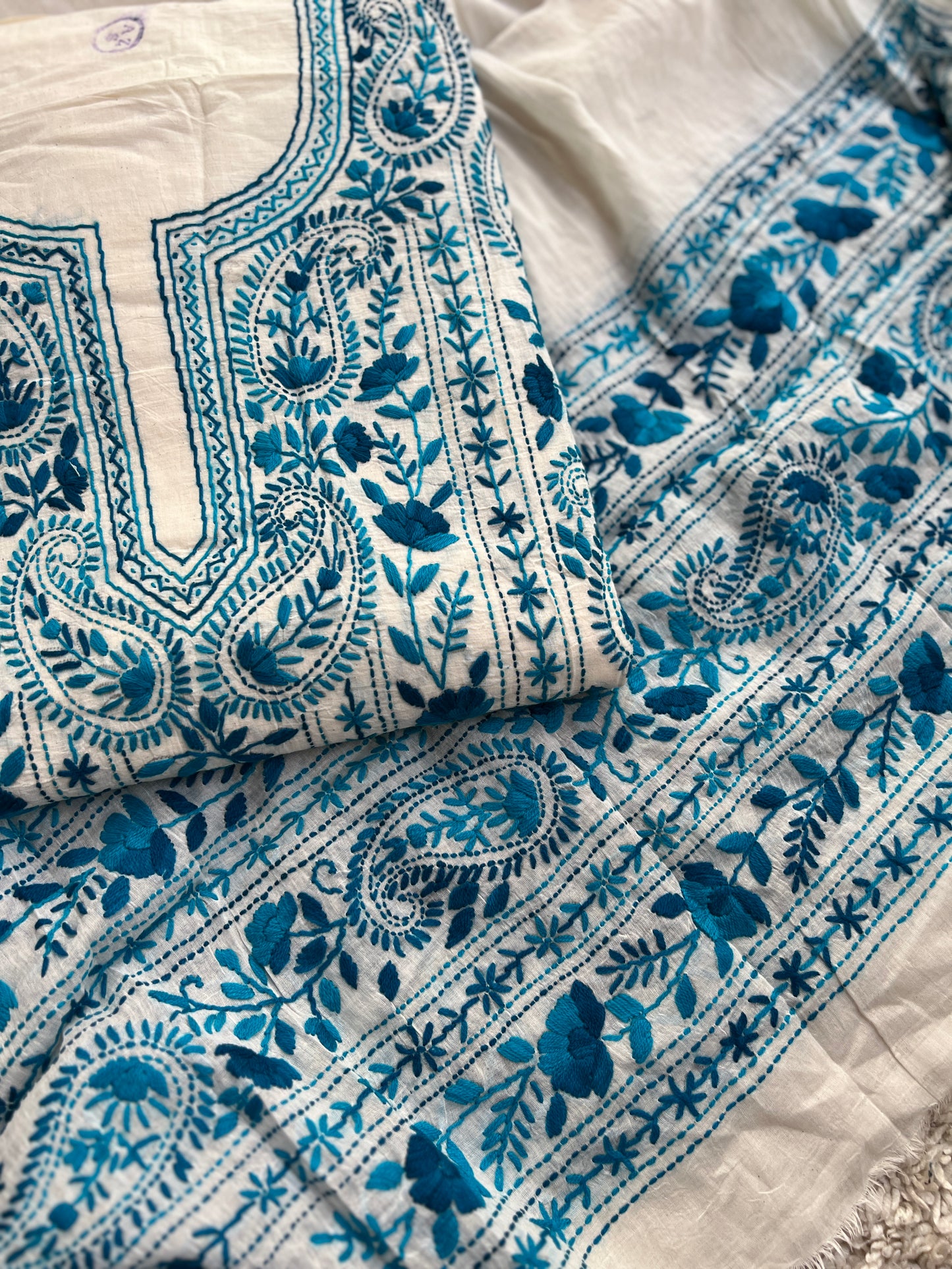 Ivory & Teal Blue Hand Embroidered Cotton Suit Set