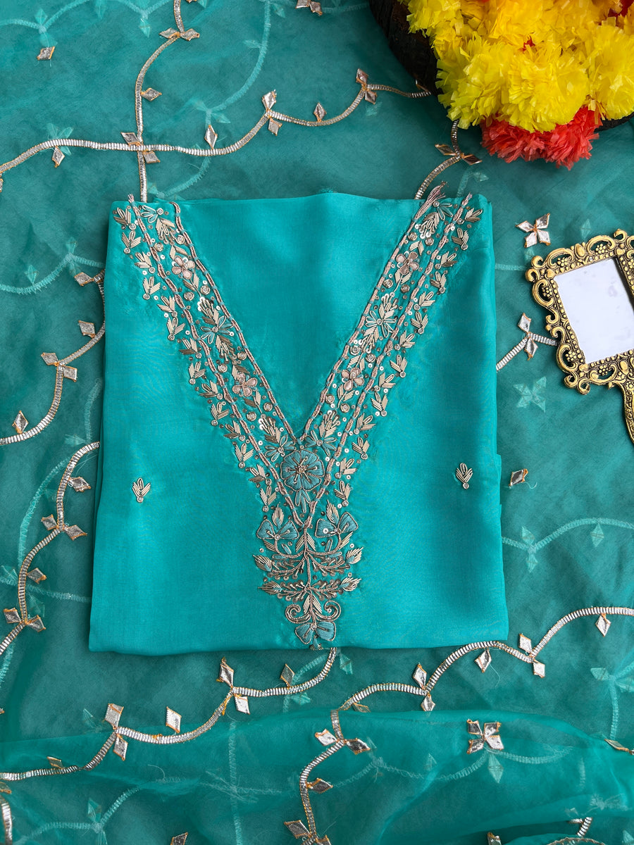 Regal Sea Green Suit in Russian Silk with Hand Embroidery & Gota Jaal Du