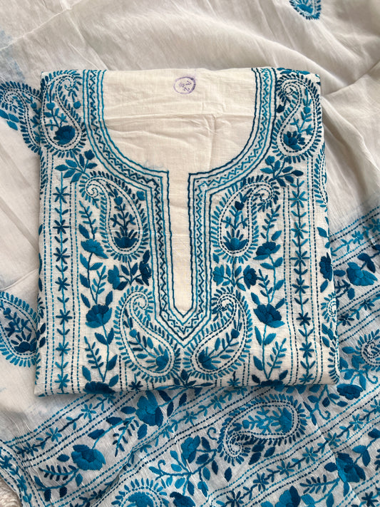 Ivory & Teal Blue Hand Embroidered Cotton Suit Set