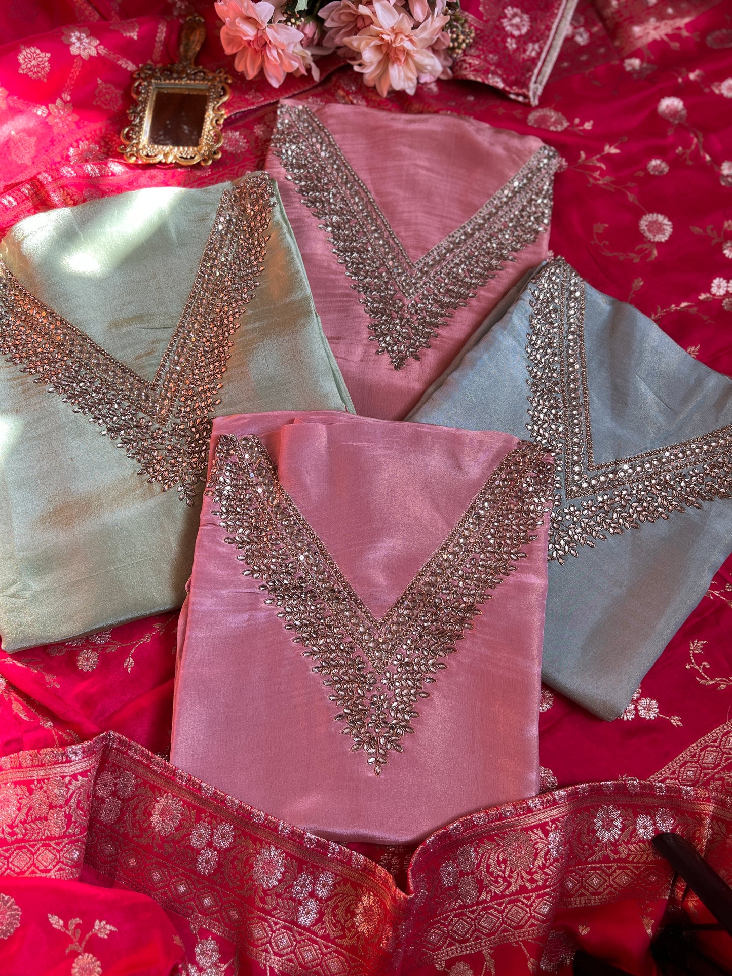 Elegant Pastel V-Neck Suit with Intricate Mirror Embellishment