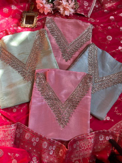 Elegant Pastel V-Neck Suit with Intricate Mirror Embellishment