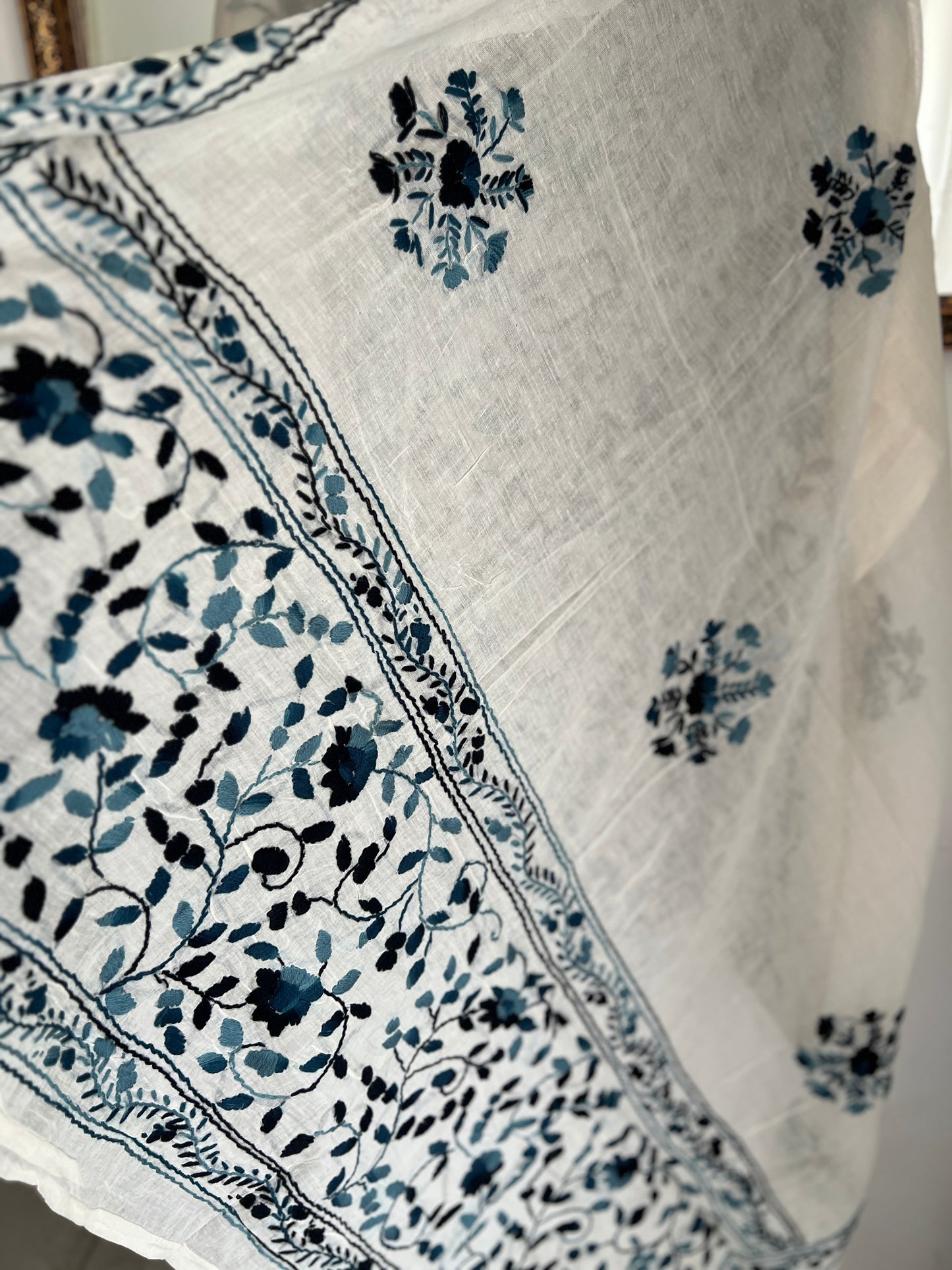 Ivory & Midnight Blue Hand Embroidered Cotton Suit Set