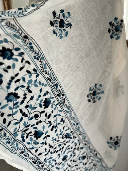 Ivory & Midnight Blue Hand Embroidered Cotton Suit Set