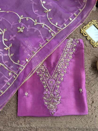 Royal Plum Russian Silk Suit with Handwork & Gota Jaal Dupatta