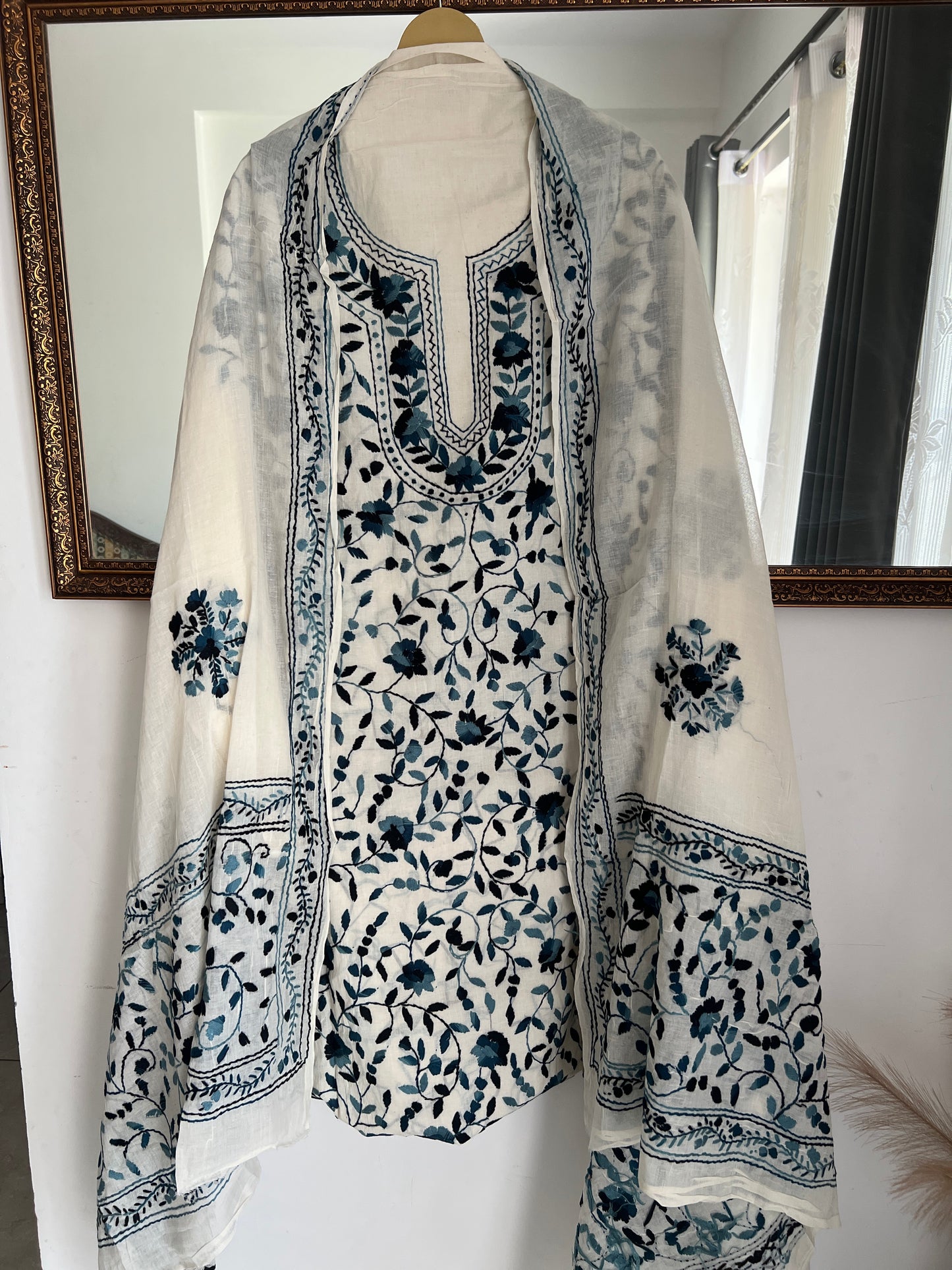 Ivory & Midnight Blue Hand Embroidered Cotton Suit Set