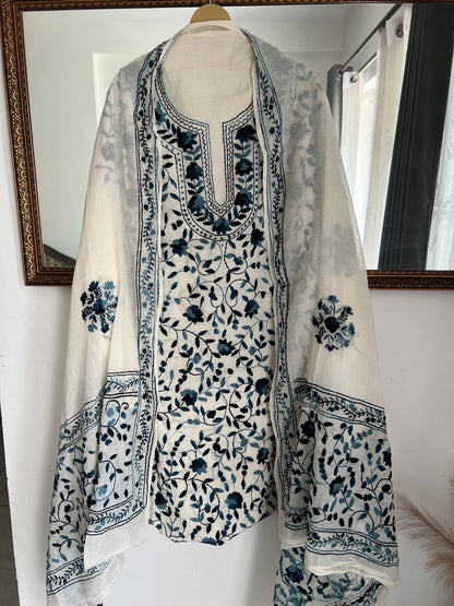 Ivory & Midnight Blue Hand Embroidered Cotton Suit Set