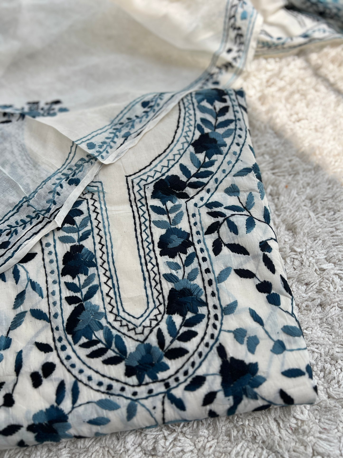 Ivory & Midnight Blue Hand Embroidered Cotton Suit Set