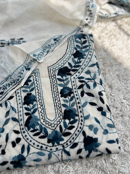Ivory & Midnight Blue Hand Embroidered Cotton Suit Set