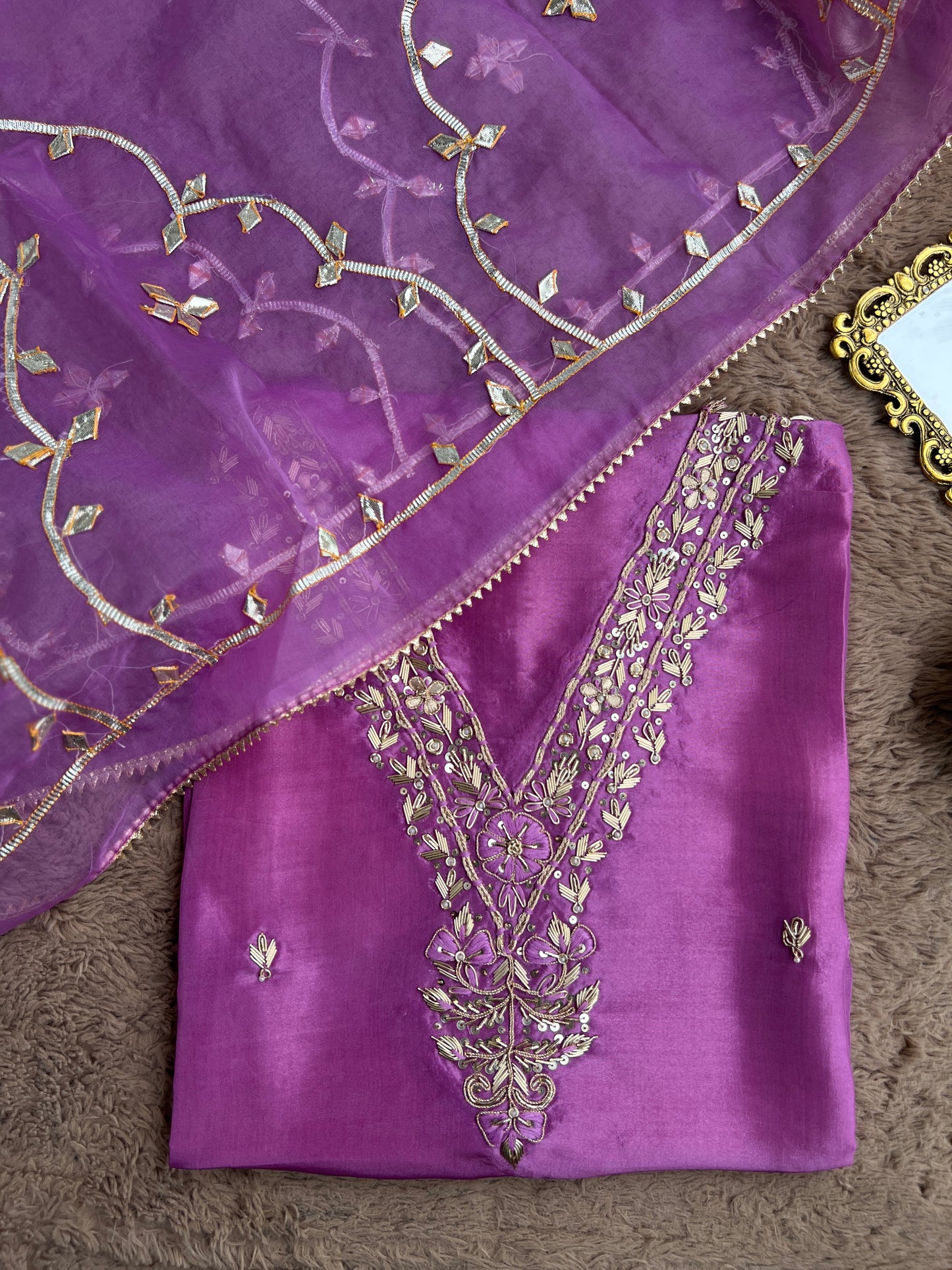 Royal Plum Russian Silk Suit with Handwork & Gota Jaal Dupatta