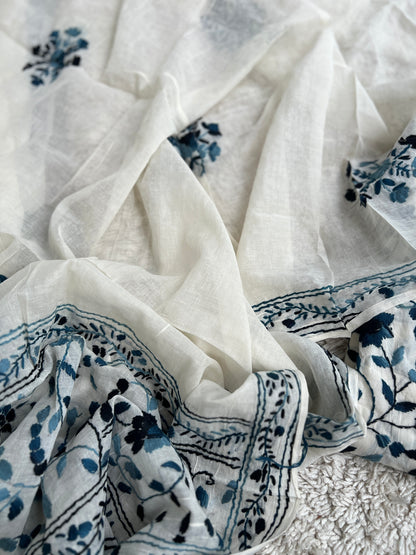 Ivory & Midnight Blue Hand Embroidered Cotton Suit Set