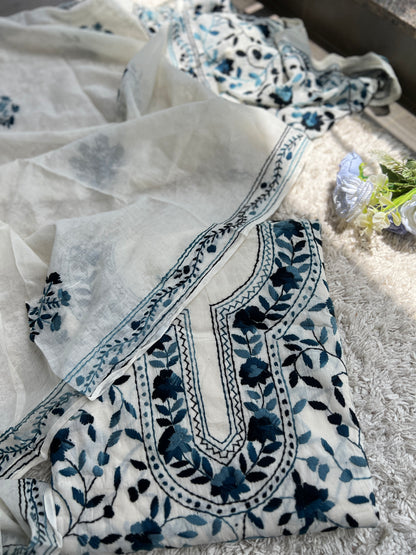 Ivory & Midnight Blue Hand Embroidered Cotton Suit Set