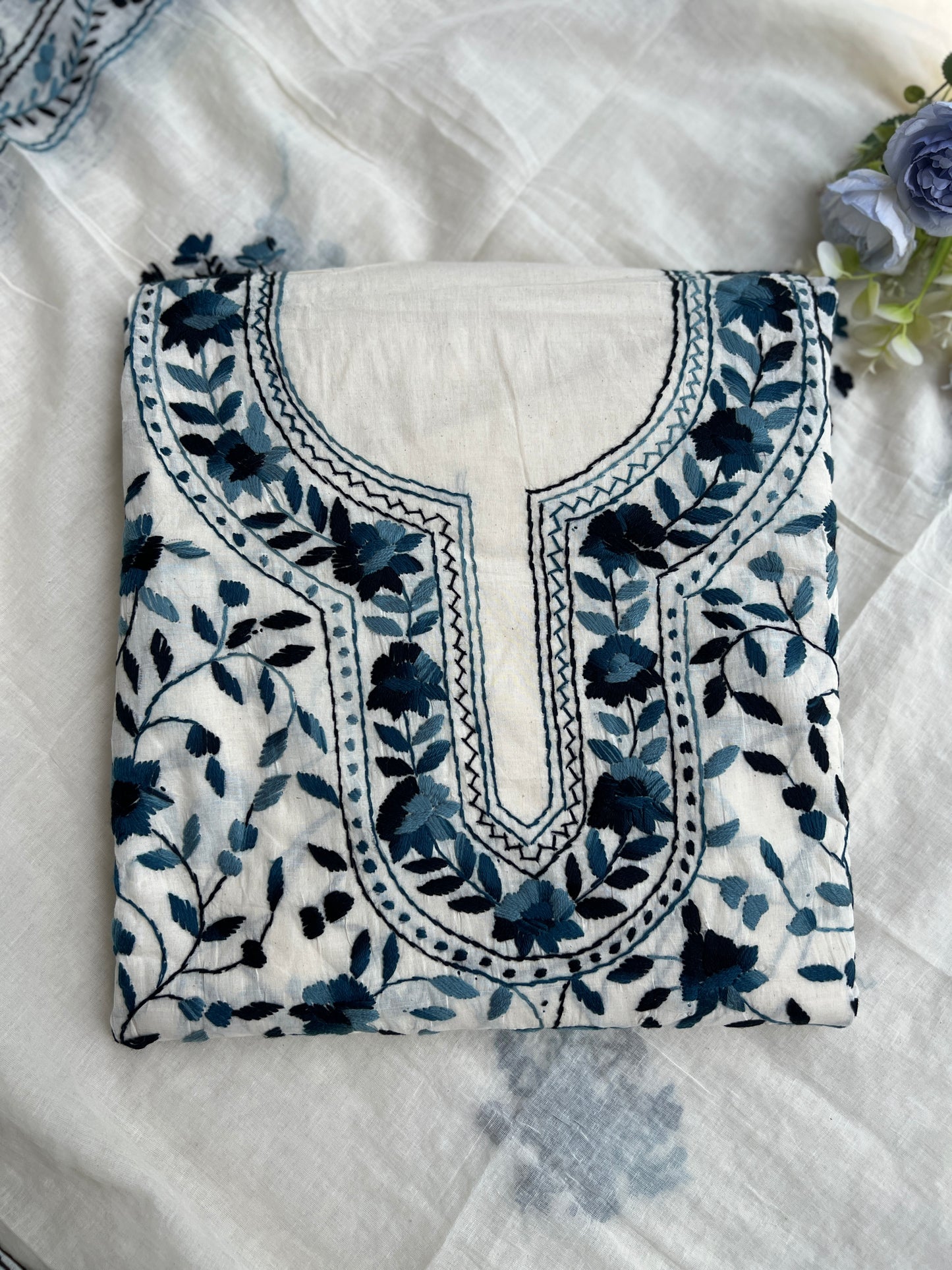 Ivory & Midnight Blue Hand Embroidered Cotton Suit Set