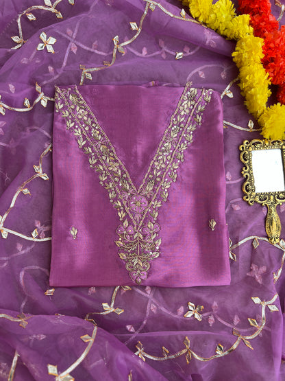 Royal Plum Russian Silk Suit with Handwork & Gota Jaal Dupatta