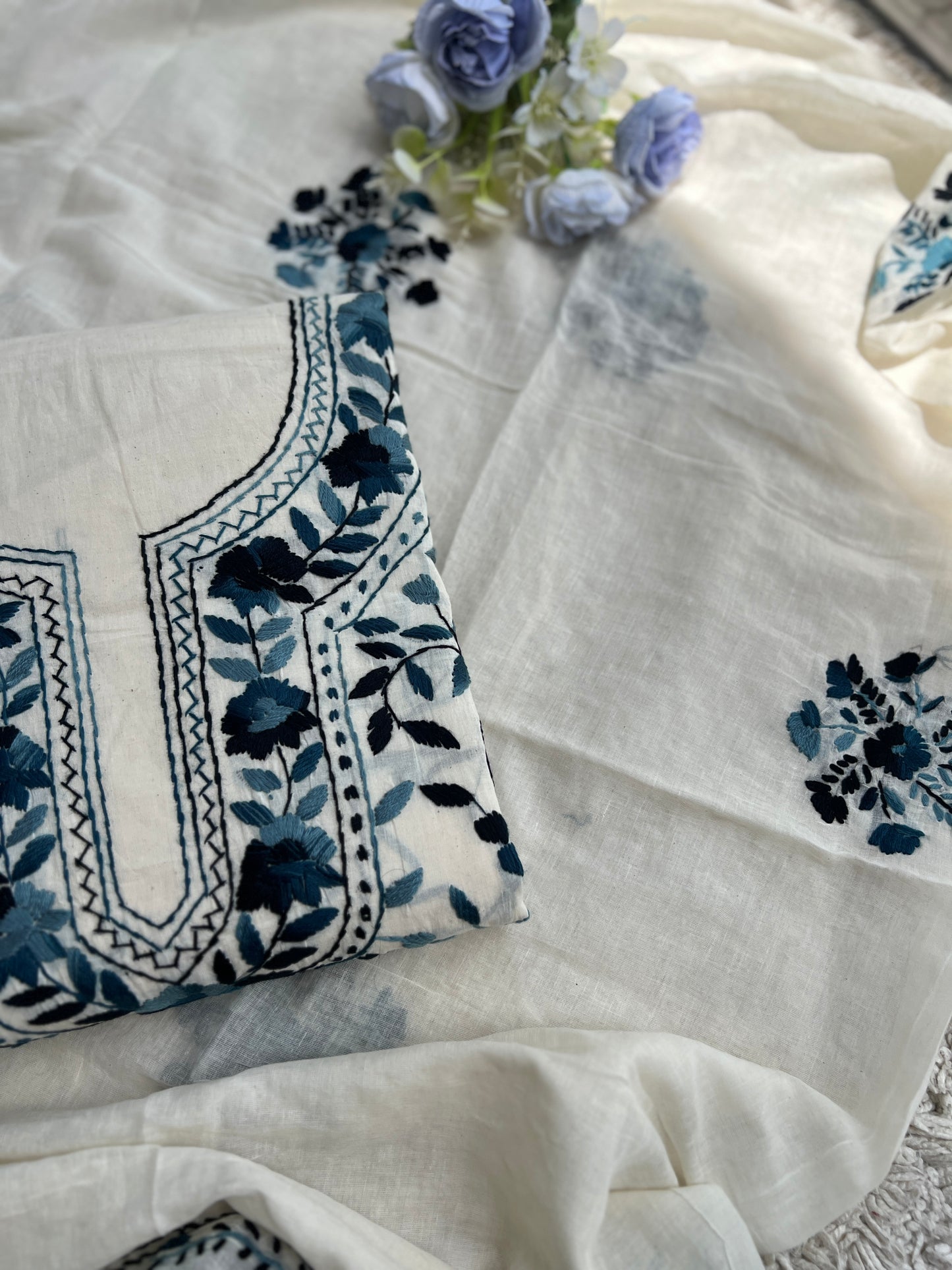 Ivory & Midnight Blue Hand Embroidered Cotton Suit Set