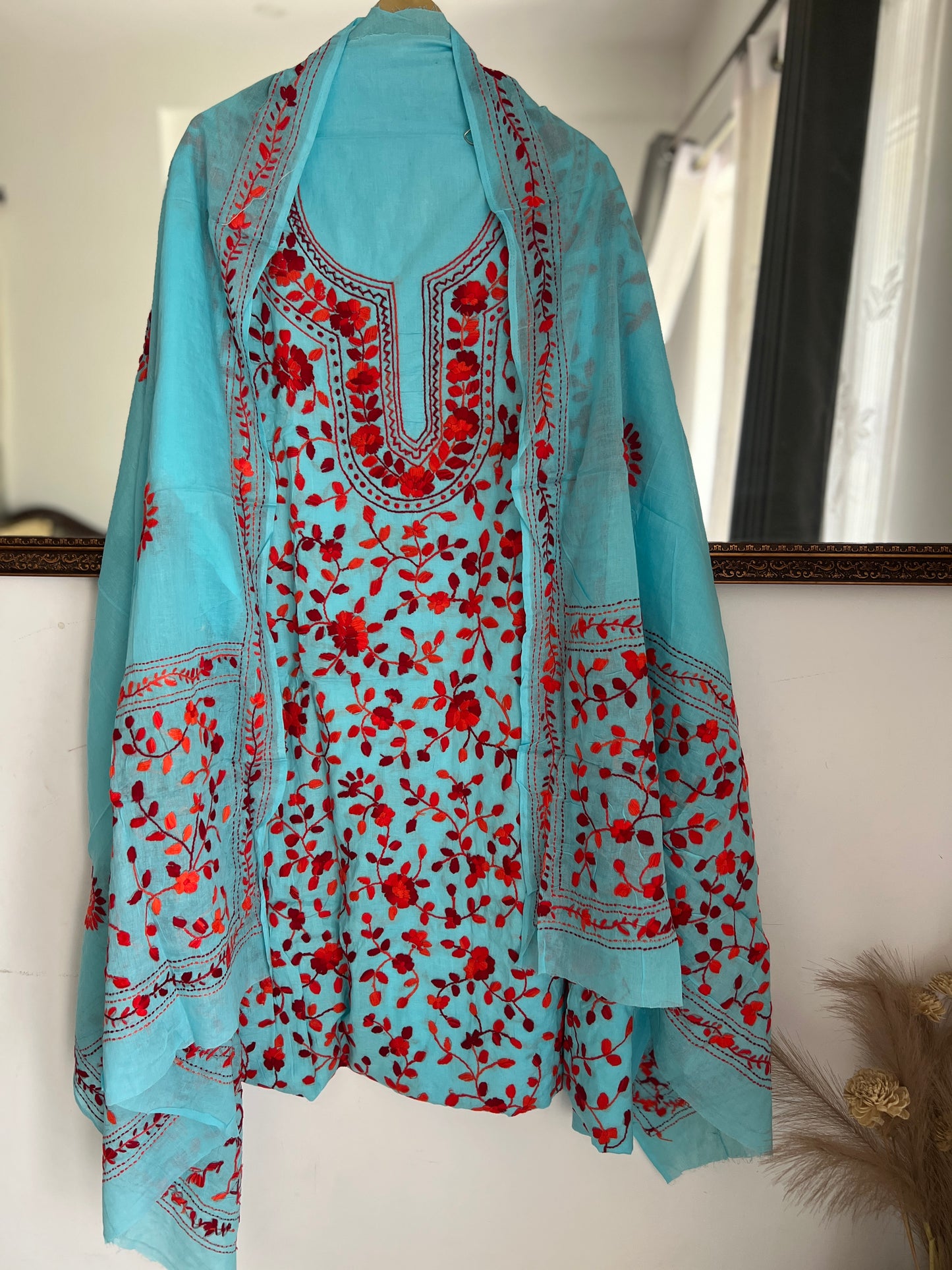 Aqua Blue & Crimson Red Hand Embroidered Cotton Suit Set