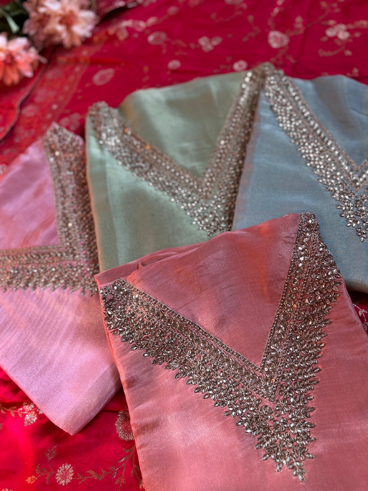 Elegant Pastel V-Neck Suit with Intricate Mirror Embellishment