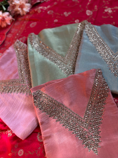 Elegant Pastel V-Neck Suit with Intricate Mirror Embellishment
