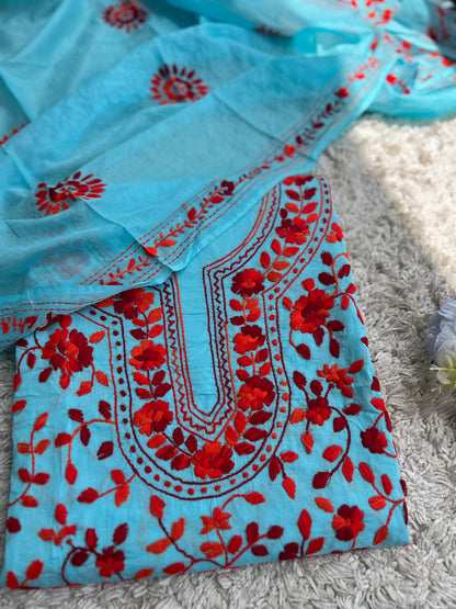 Aqua Blue & Crimson Red Hand Embroidered Cotton Suit Set