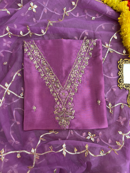 Royal Plum Russian Silk Suit with Handwork & Gota Jaal Dupatta