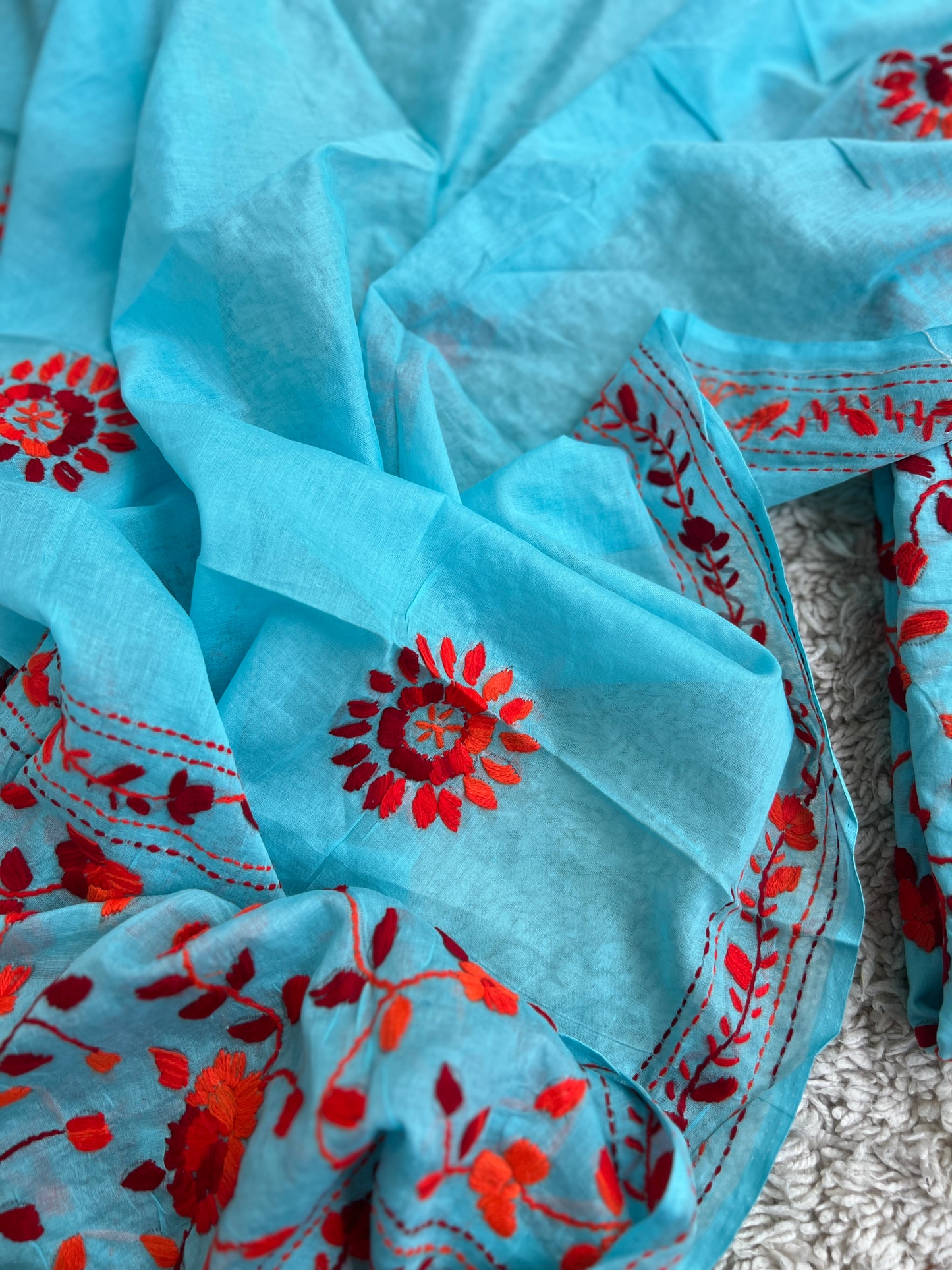 Aqua Blue & Crimson Red Hand Embroidered Cotton Suit Set