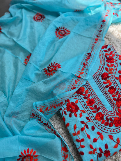 Aqua Blue & Crimson Red Hand Embroidered Cotton Suit Set