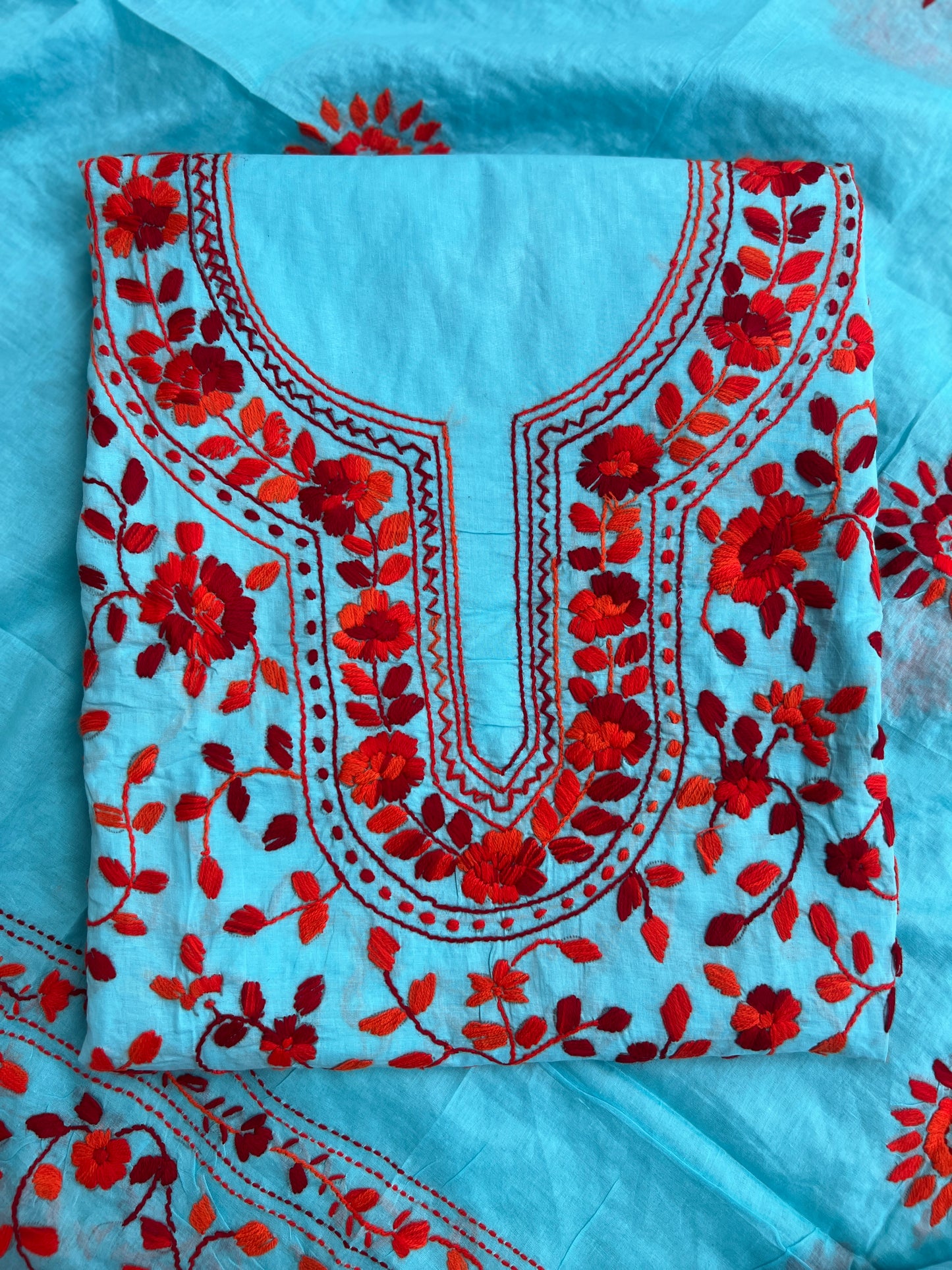 Aqua Blue & Crimson Red Hand Embroidered Cotton Suit Set