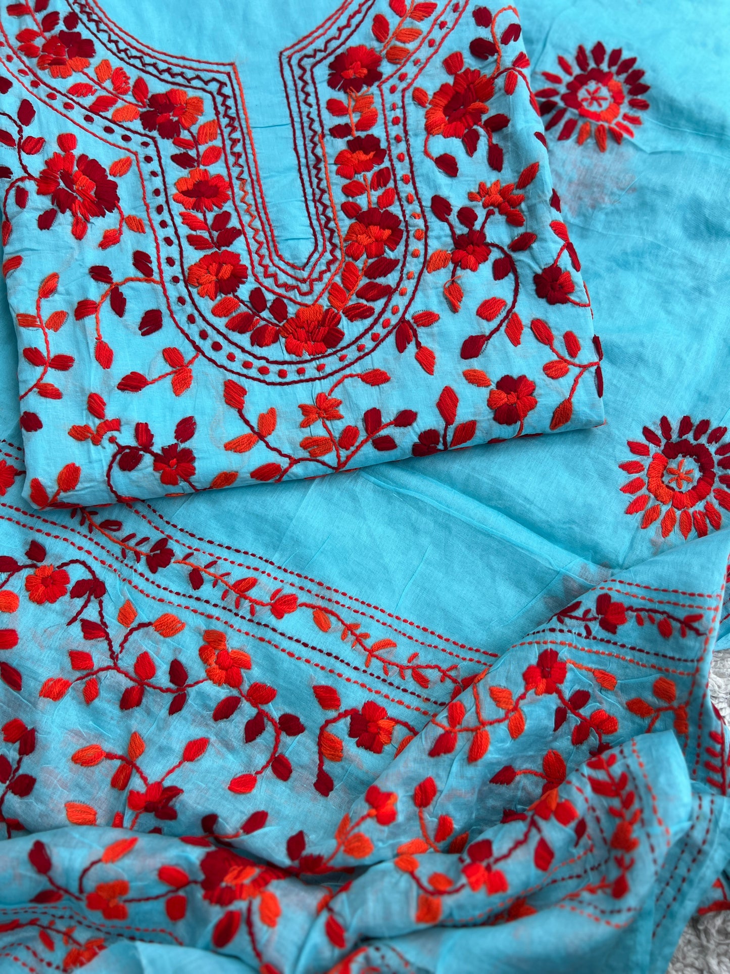Aqua Blue & Crimson Red Hand Embroidered Cotton Suit Set