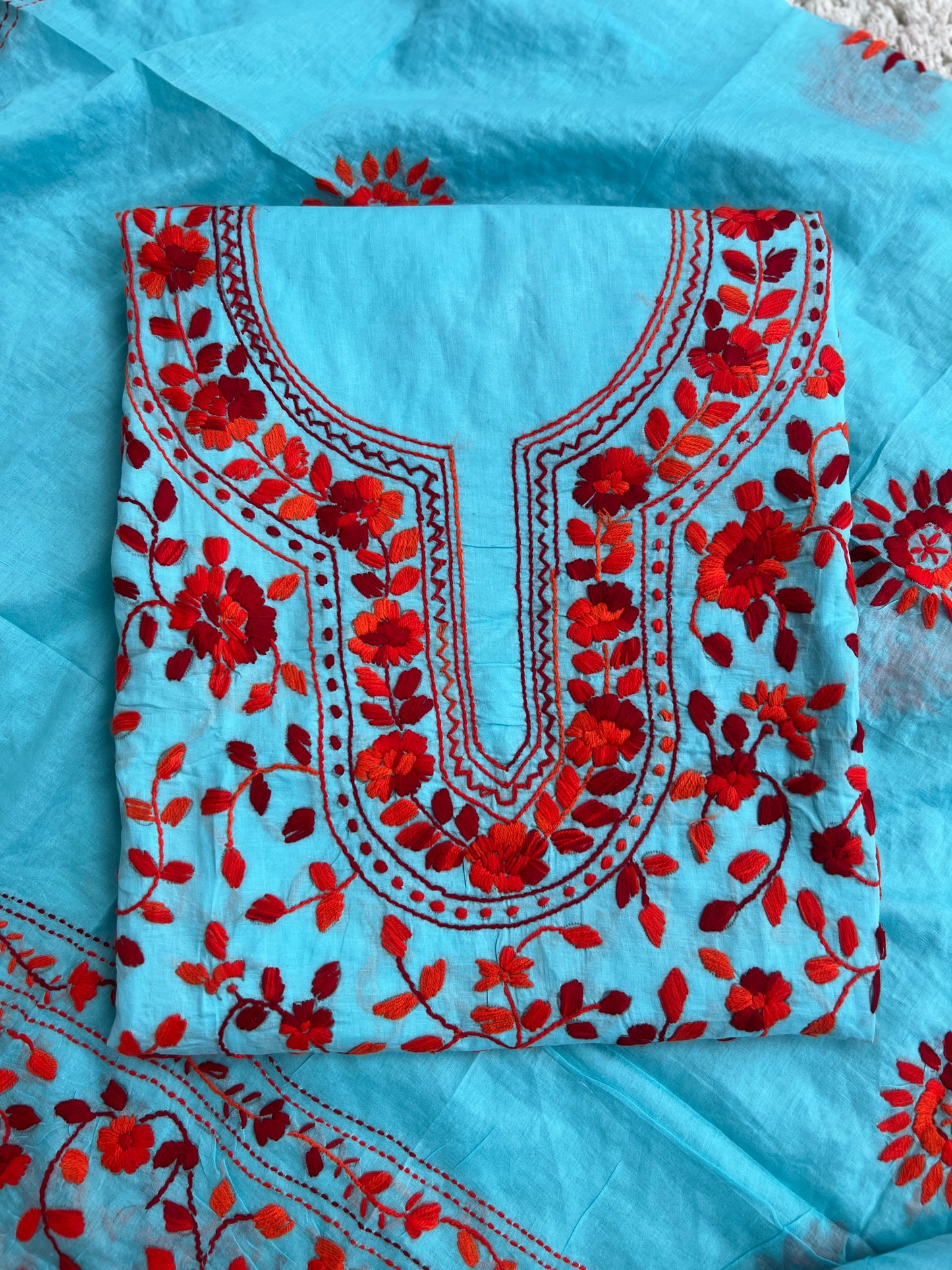 Aqua Blue & Crimson Red Hand Embroidered Cotton Suit Set
