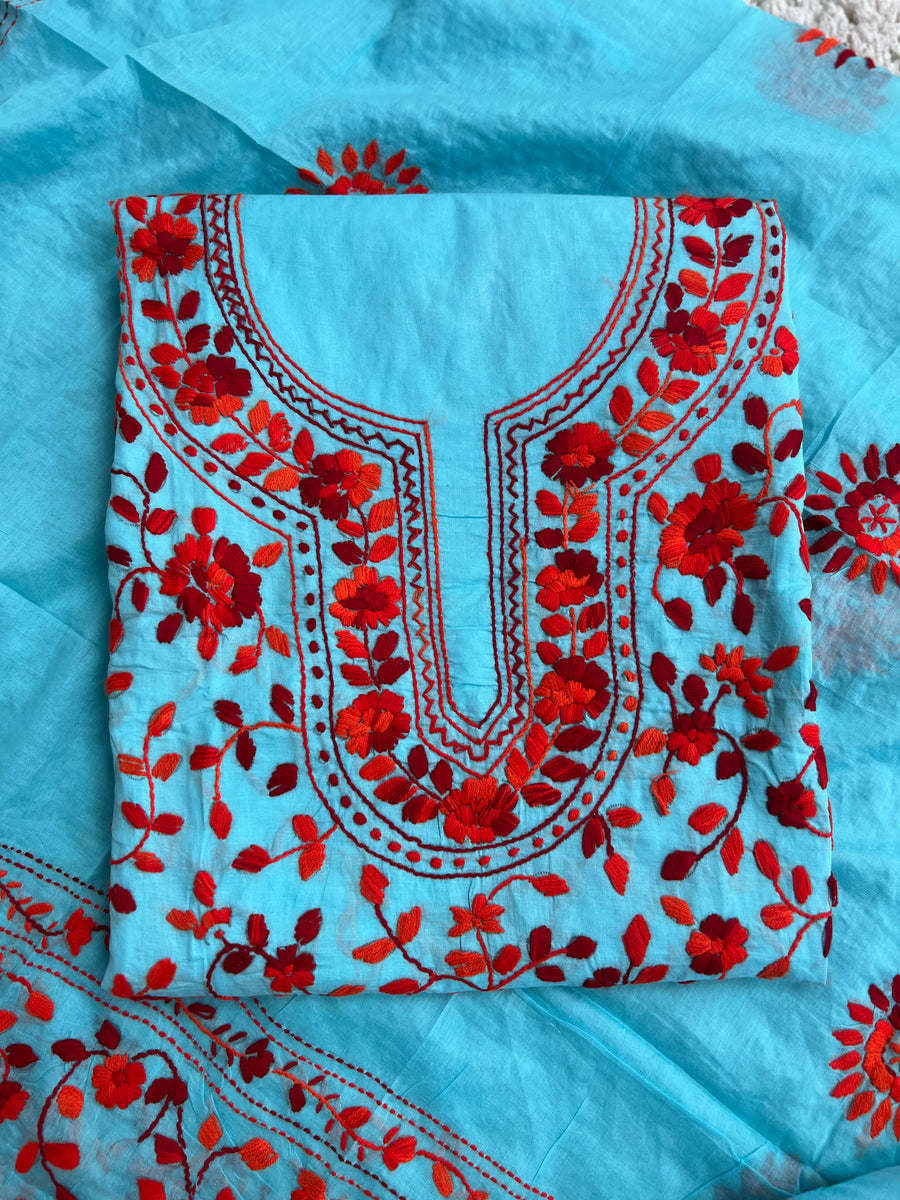Aqua Blue & Crimson Red Hand Embroidered Cotton Suit Set