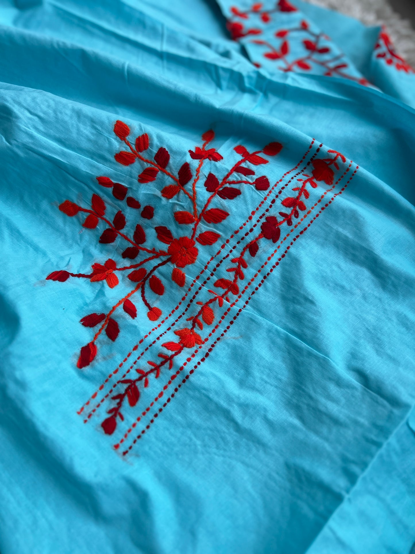 Aqua Blue & Crimson Red Hand Embroidered Cotton Suit Set