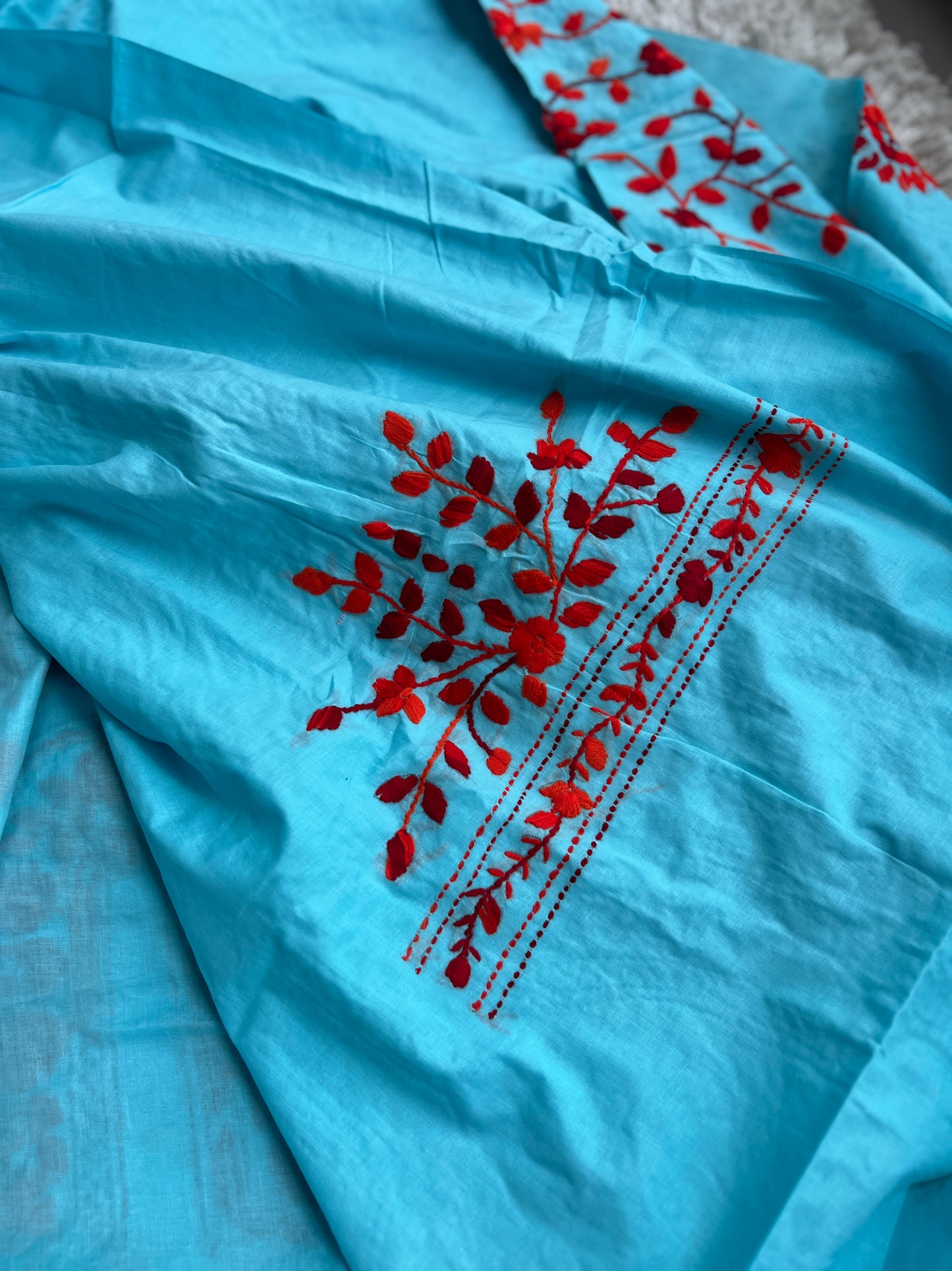 Aqua Blue & Crimson Red Hand Embroidered Cotton Suit Set