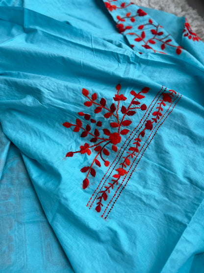 Aqua Blue & Crimson Red Hand Embroidered Cotton Suit Set