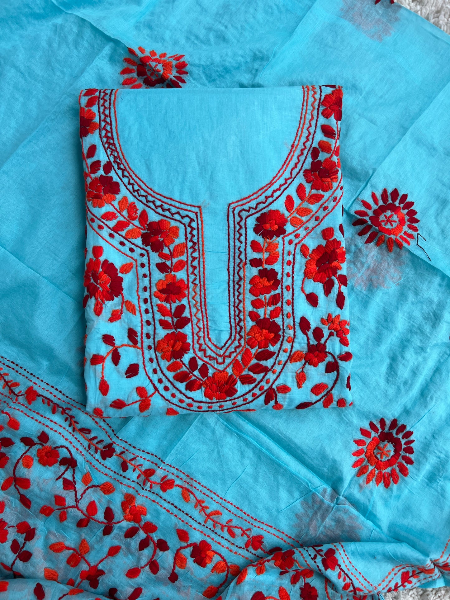 Aqua Blue & Crimson Red Hand Embroidered Cotton Suit Set