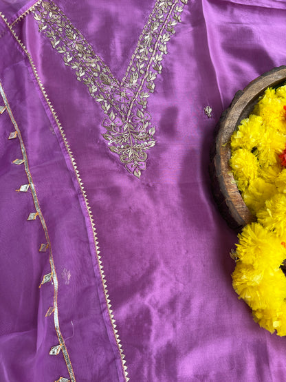 Royal Plum Russian Silk Suit with Handwork & Gota Jaal Dupatta