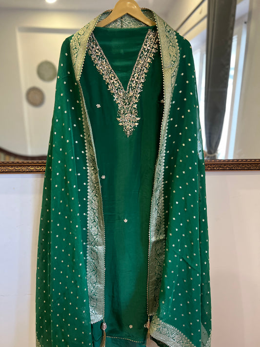 Green Crepe V-Neck Handwork Suit Set