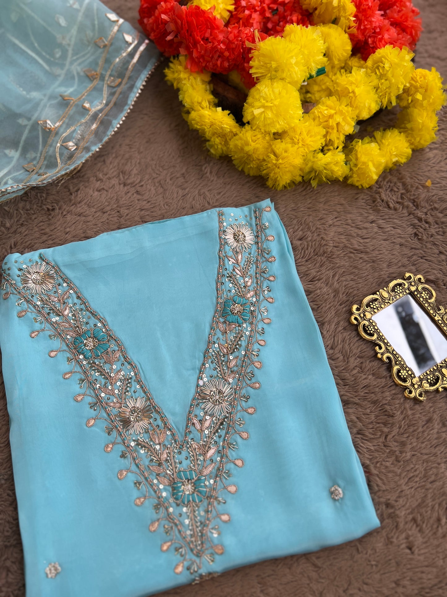 Sky Blue Russian Silk Suit with Handwork & Gota Jaal Dupatta