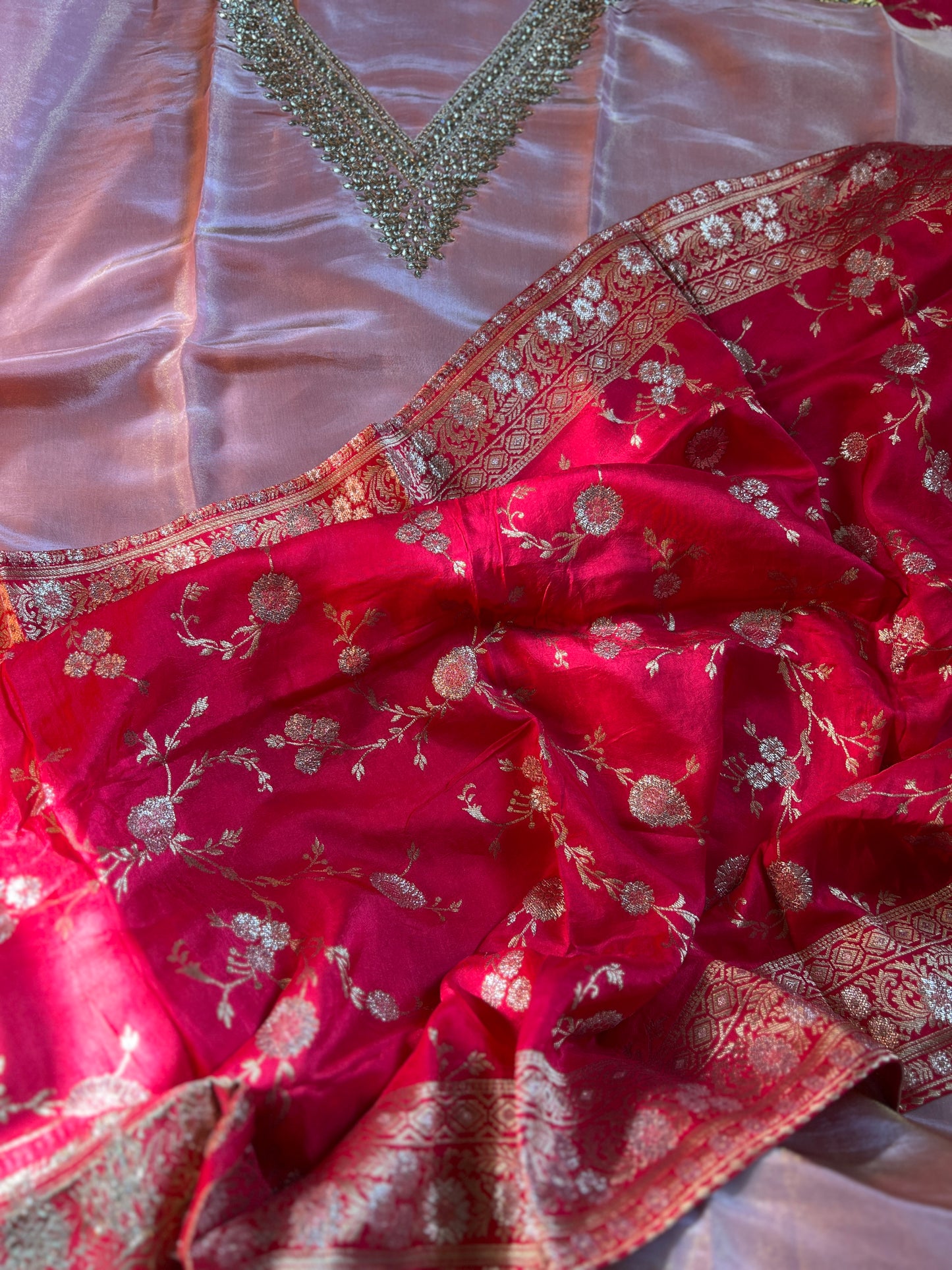 Elegant Pastel V-Neck Suit with Intricate Mirror Embellishment