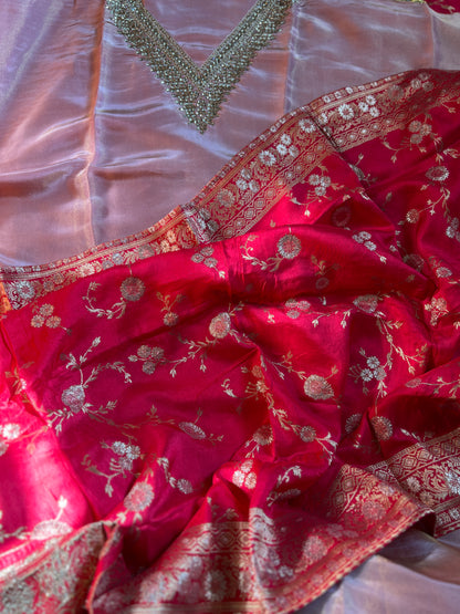 Elegant Pastel V-Neck Suit with Intricate Mirror Embellishment