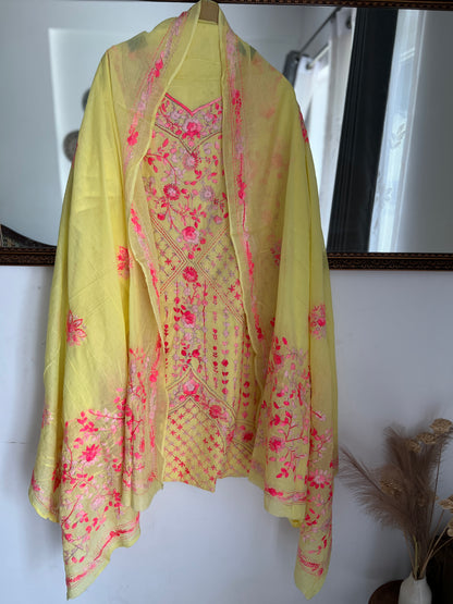 Lemon Yellow Hand Embroidered Cotton Suit