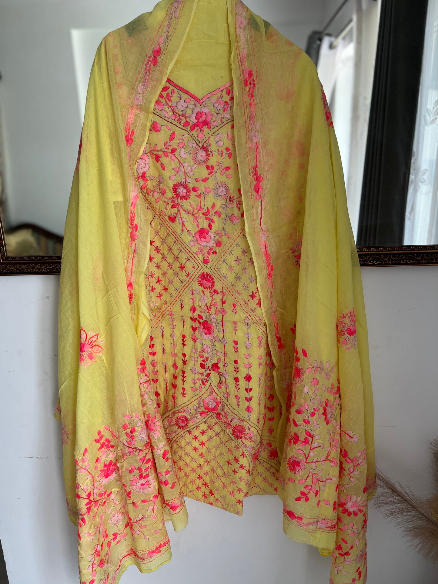Lemon Yellow Hand Embroidered Cotton Suit