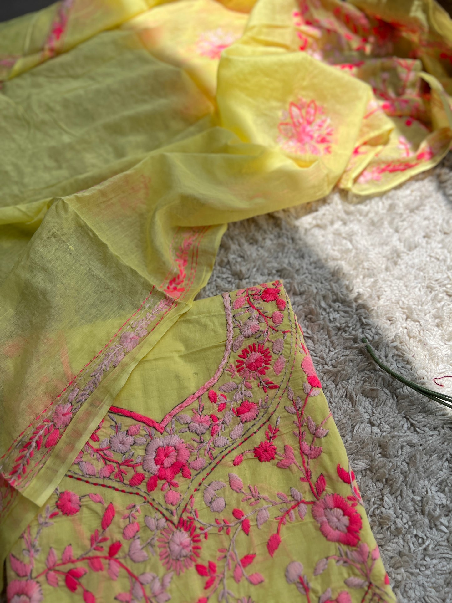 Lemon Yellow Hand Embroidered Cotton Suit