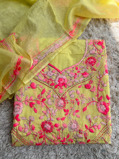 Lemon Yellow Hand Embroidered Cotton Suit