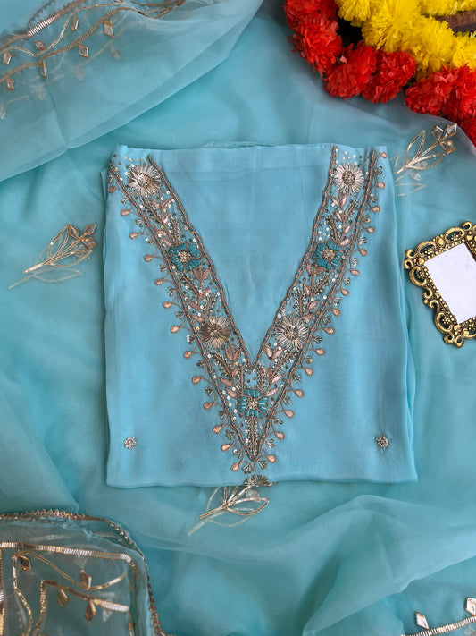 Sky Blue Russian Silk Suit with Handwork & Gota Jaal Dupatta