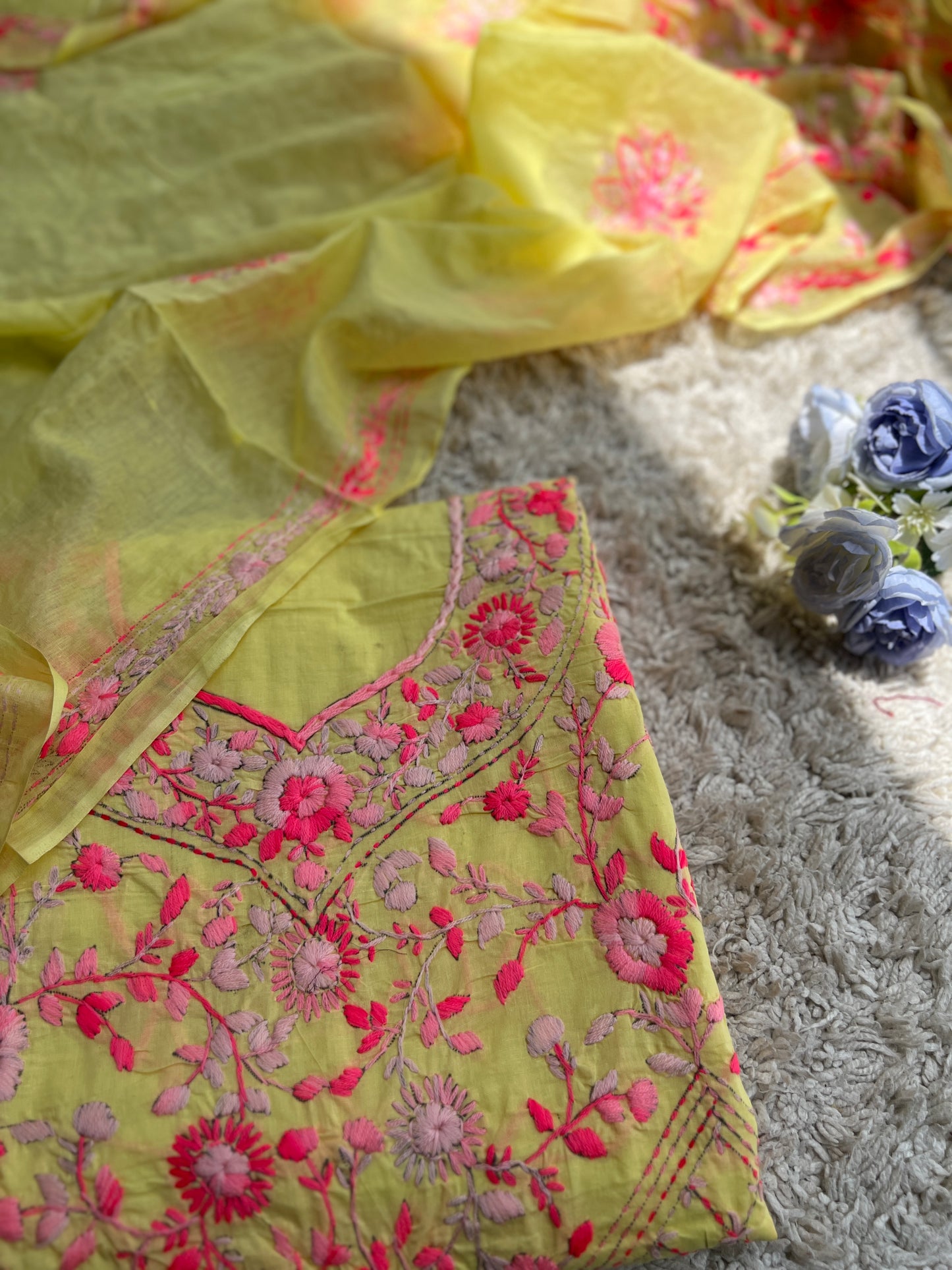 Lemon Yellow Hand Embroidered Cotton Suit