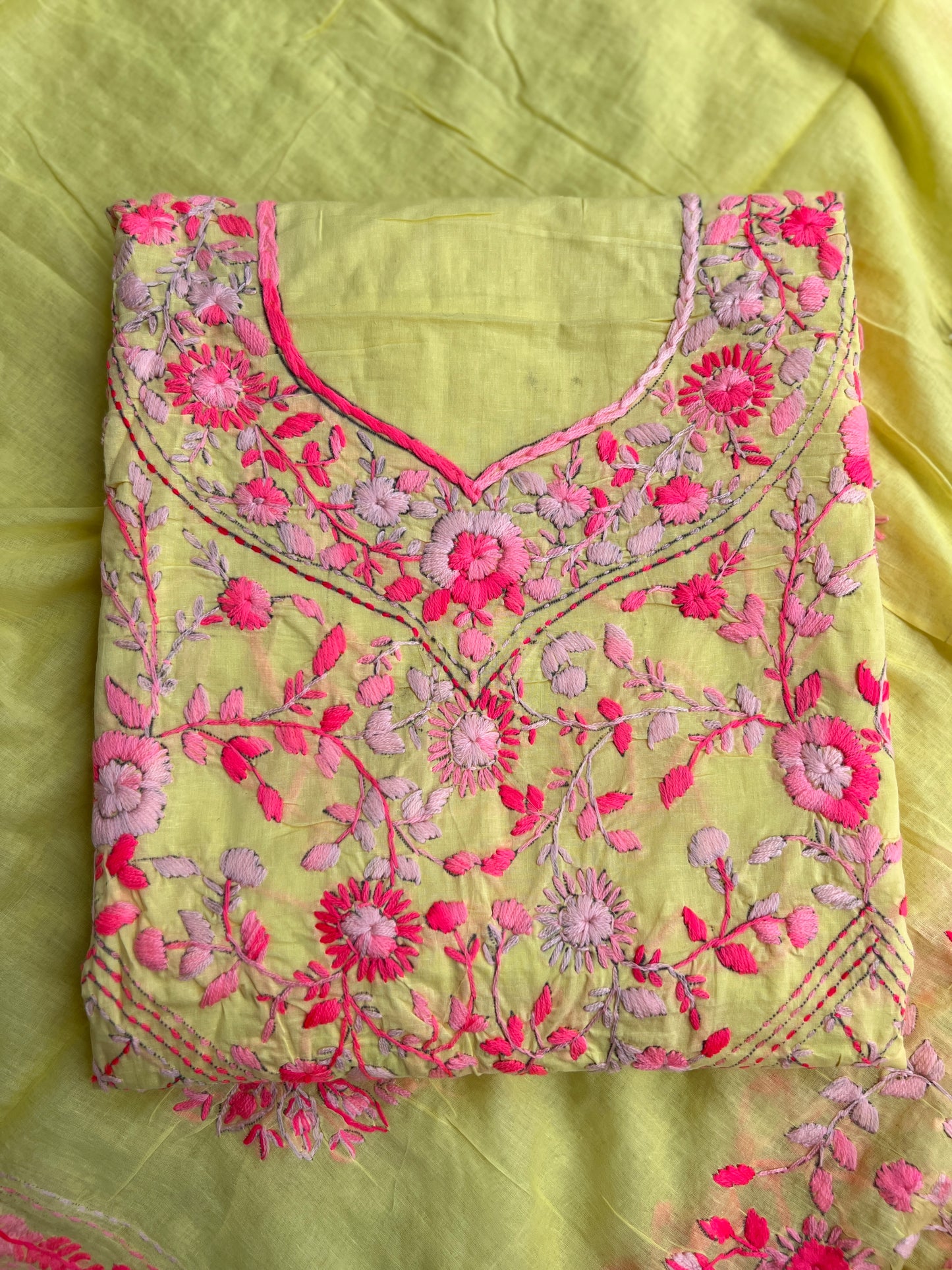 Lemon Yellow Hand Embroidered Cotton Suit
